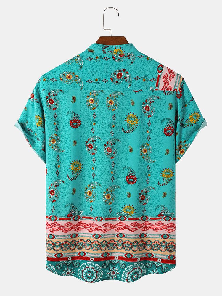 Miesten Etniset Paisley Print Stand Kaulus Lyhythihaiset Henley Paidat