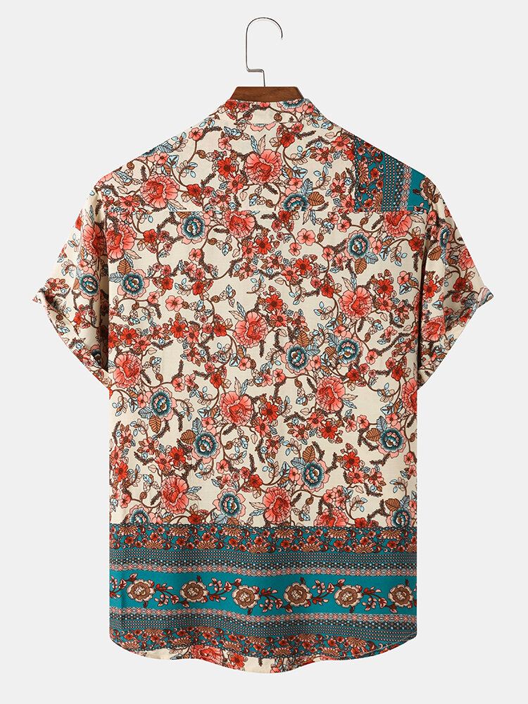 Miesten Vintage Ditsy-kukkakuvioiset Puolinapit Lyhythihaiset Henley-paidat