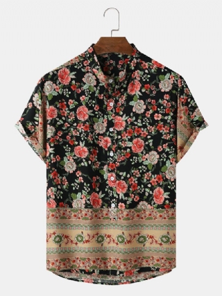 Miesten Vintage Ditsy-kukkakuvioiset Puolinapit Lyhythihaiset Henley-paidat