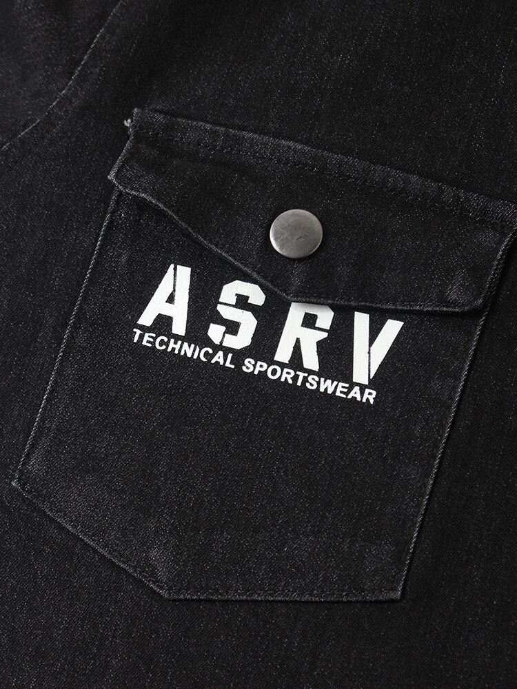 Miesten Eläinten Takakuvio Rintaneule Double Pocket Musta Denim Takki