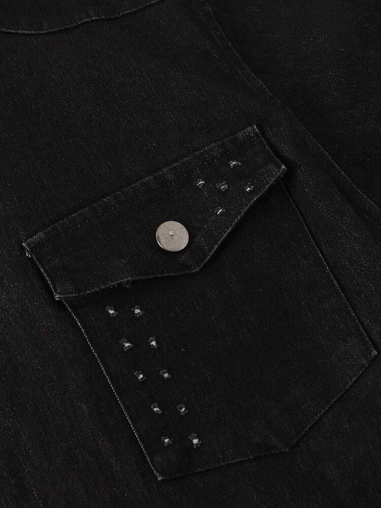 Miesten Eläinten Takakuvio Rintaneule Double Pocket Musta Denim Takki