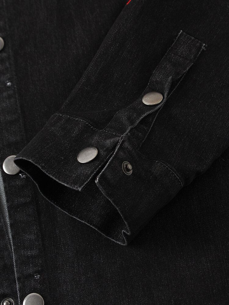 Miesten Eläinten Takakuvio Rintaneule Double Pocket Musta Denim Takki