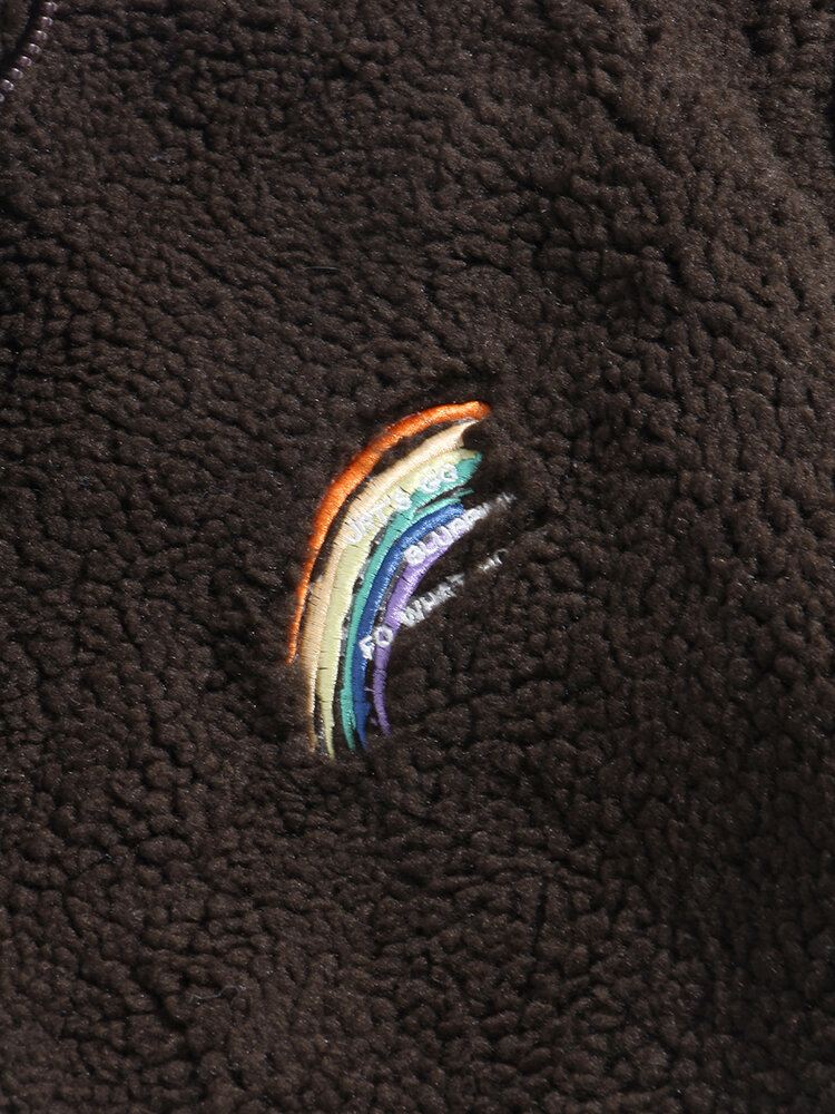 Miesten Letter Rainbow Brodeerattu Vetoketju Edessä Fleece Lämmin Rento Takki