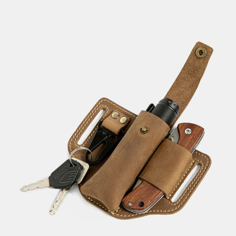 Miesten Aito Nahka Edc Fanny Pack Monitoimityökalu Taskulamppu Avain Taitettava Veitsi Järjestäjä Vyölaukku