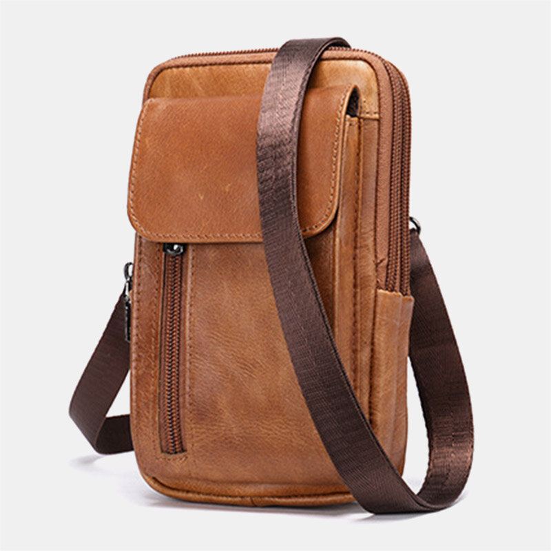 Miesten Retro Kaksikerroksinen Lehmännahkainen Vyötärölaukku Rento Kulutusta Kestävä 6.5 Tuuman Puhelinlaukku Vyölaukku Crossbody Laukku Olkalaukku