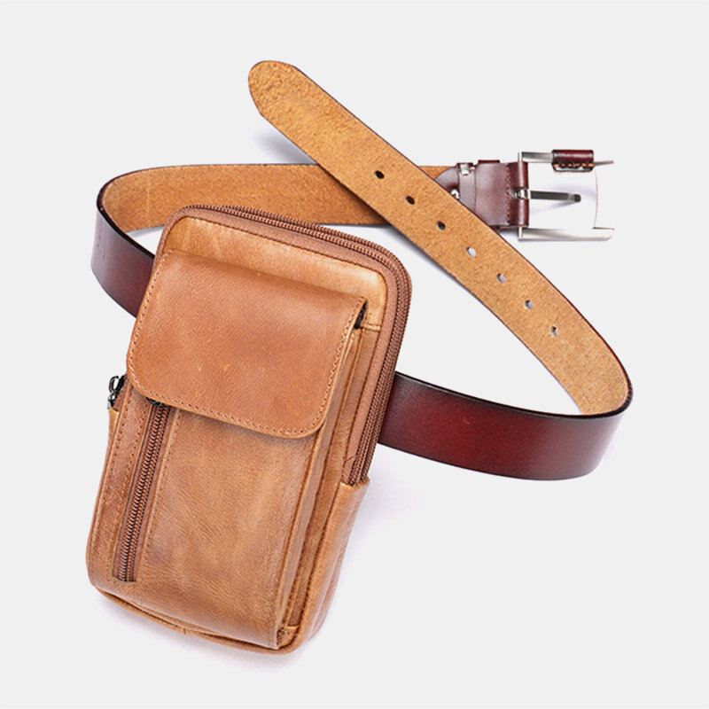 Miesten Retro Kaksikerroksinen Lehmännahkainen Vyötärölaukku Rento Kulutusta Kestävä 6.5 Tuuman Puhelinlaukku Vyölaukku Crossbody Laukku Olkalaukku