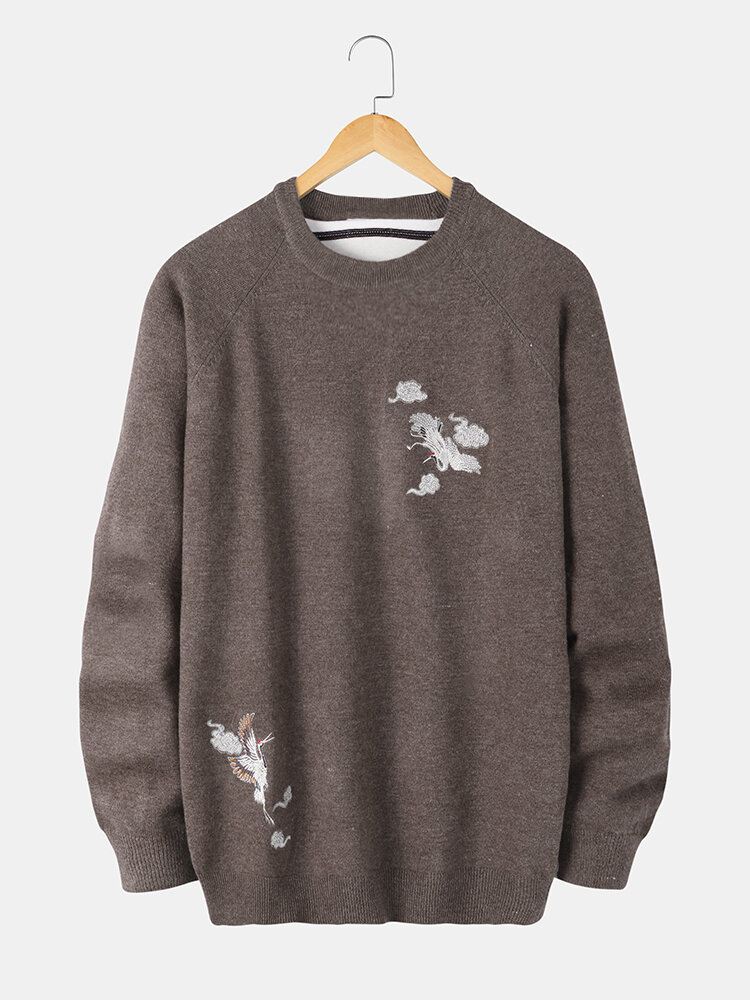 Miesten Chinoiserie Crane Brodeerattu Raglan Sleeve Lämpimät Neulepuserot