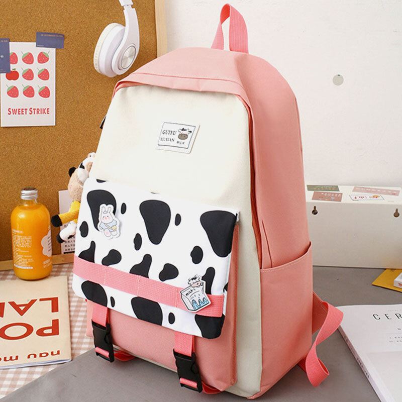 5 Kpl Canvas Preppy Cow Pattern Monitoiminen Yhdistelmälaukku Reppu Tote Crossbody Bag Kytkinlompakko