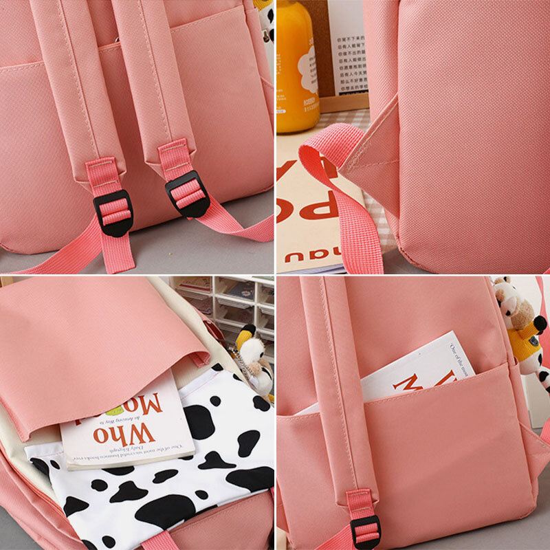 5 Kpl Canvas Preppy Cow Pattern Monitoiminen Yhdistelmälaukku Reppu Tote Crossbody Bag Kytkinlompakko