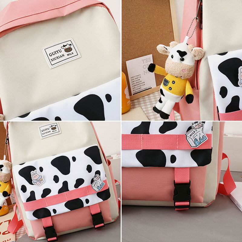 5 Kpl Canvas Preppy Cow Pattern Monitoiminen Yhdistelmälaukku Reppu Tote Crossbody Bag Kytkinlompakko