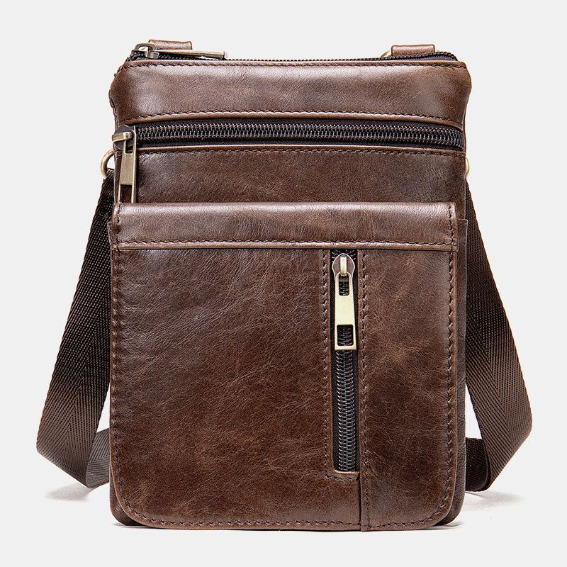 Miesten Aito Nahka Retro Business Solid Color Nahka Vetoketju Crossbody Laukku Olkalaukku