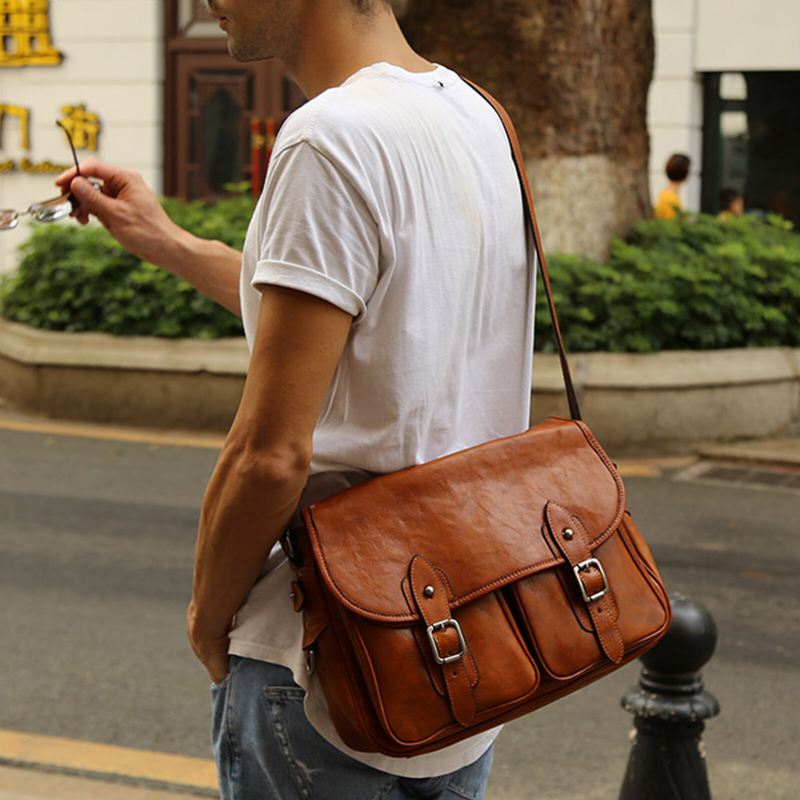 Miesten Keinonahkainen Vintage Suuri Kapasiteetti Crossbody-laukku Retro Kannettavan Tietokoneen Laukku