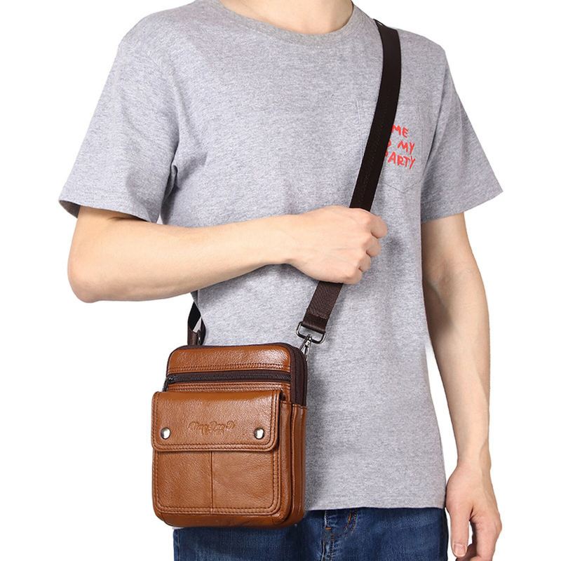 Miesten Lehmännahkainen Moniosastoinen Vetoketjullinen Olkalaukku Crossbody Laukku Ulkokäyttöön Rento Vintage Messenger Bag