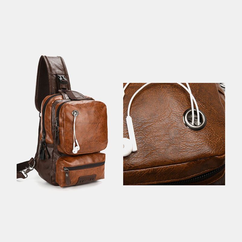 Miesten Pu Nahka Vintage Monitoimi Kuulokeaukko Usb Lataus Crossbody Bag Rintalaukku Sling Bag