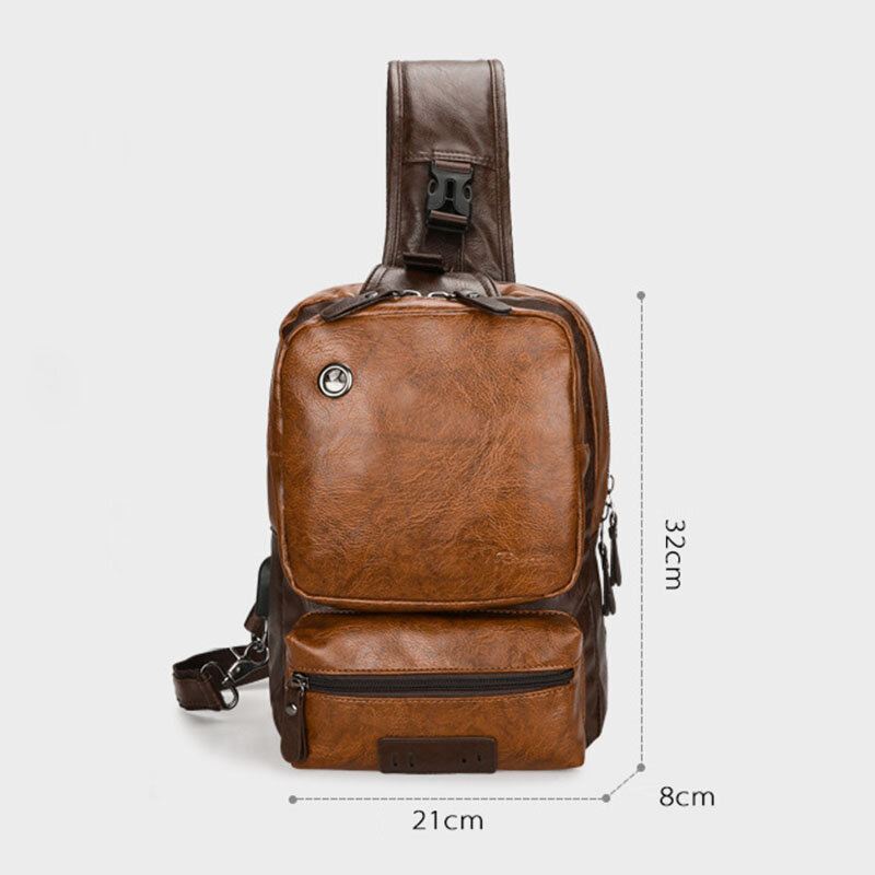 Miesten Pu Nahka Vintage Monitoimi Kuulokeaukko Usb Lataus Crossbody Bag Rintalaukku Sling Bag