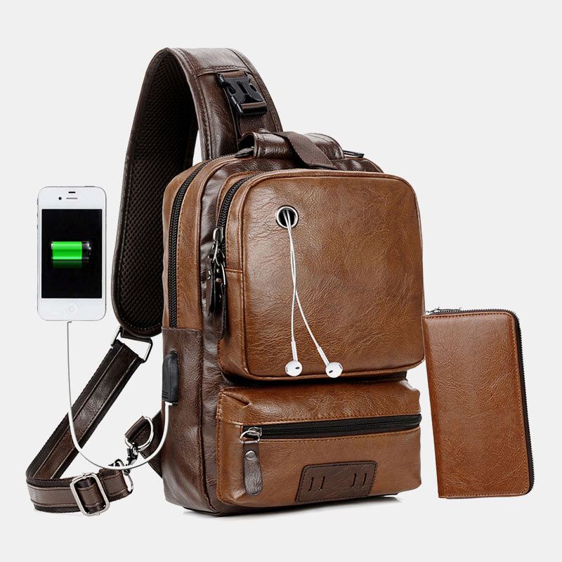 Miesten Pu Nahka Vintage Monitoimi Kuulokeaukko Usb Lataus Crossbody Bag Rintalaukku Sling Bag