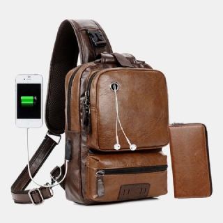 Miesten Pu Nahka Vintage Monitoimi Kuulokeaukko Usb Lataus Crossbody Bag Rintalaukku Sling Bag