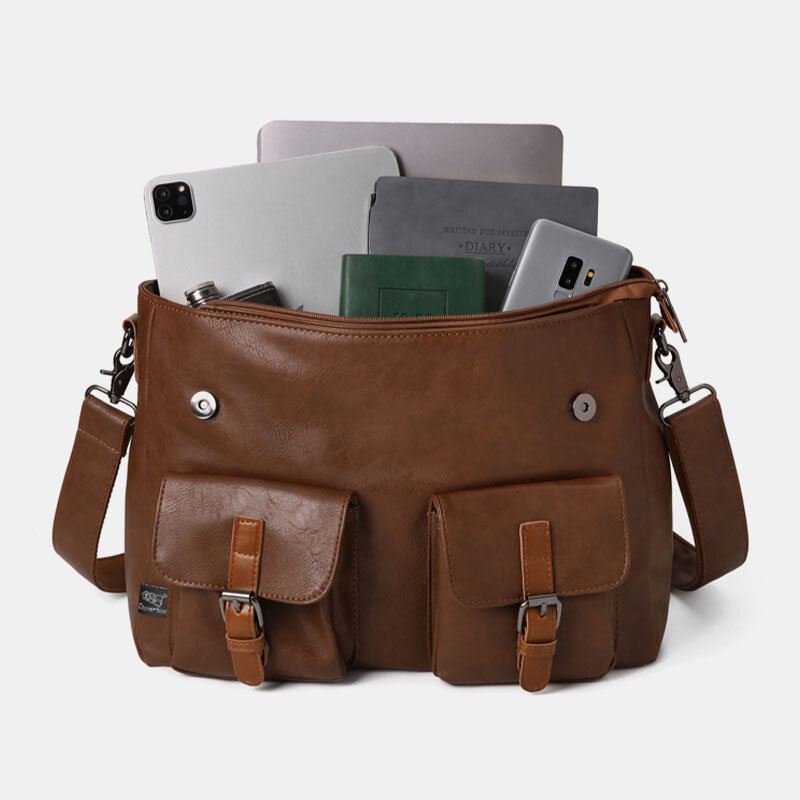 Miesten Vintage Monitoiminen Kaksinkertainen Etutasku Opettajan Laukku Salkku 14 Tuuman Kannettavan Tietokoneen Laukku Crossbody Olkalaukku