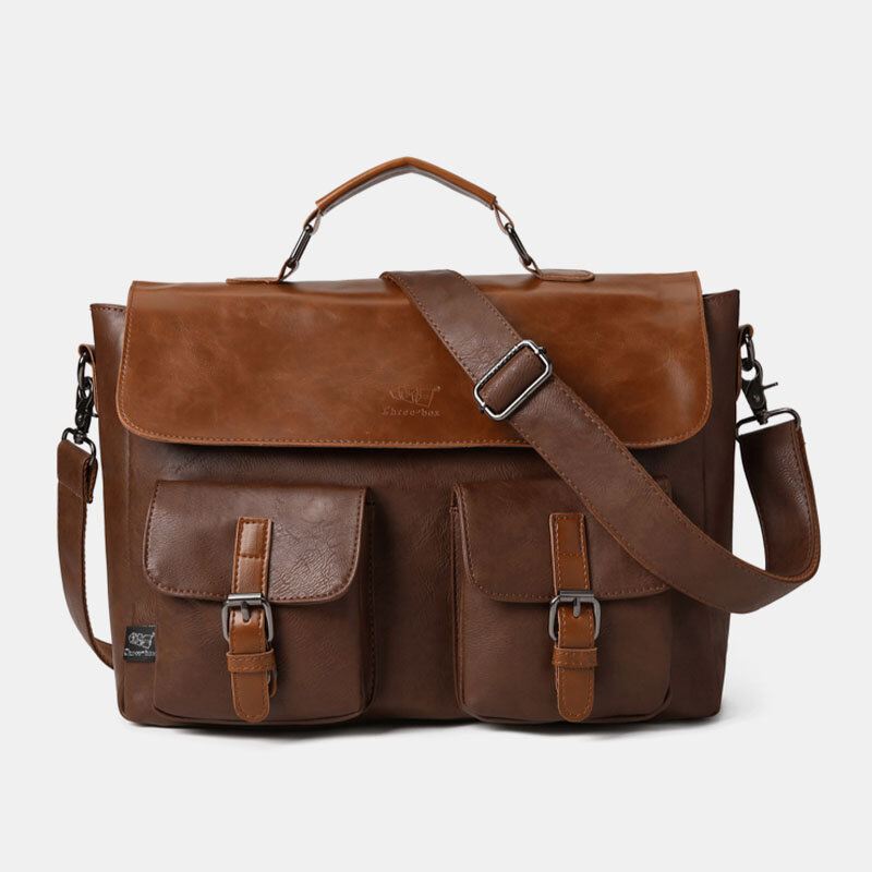 Miesten Vintage Monitoiminen Kaksinkertainen Etutasku Opettajan Laukku Salkku 14 Tuuman Kannettavan Tietokoneen Laukku Crossbody Olkalaukku