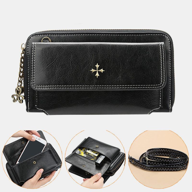 Naiset Pu Nahka Ristikukka Tupsu Suuri Kapasiteetti Multi-card Slot Puhelinlaukku Crossbody Bag Olkalaukku