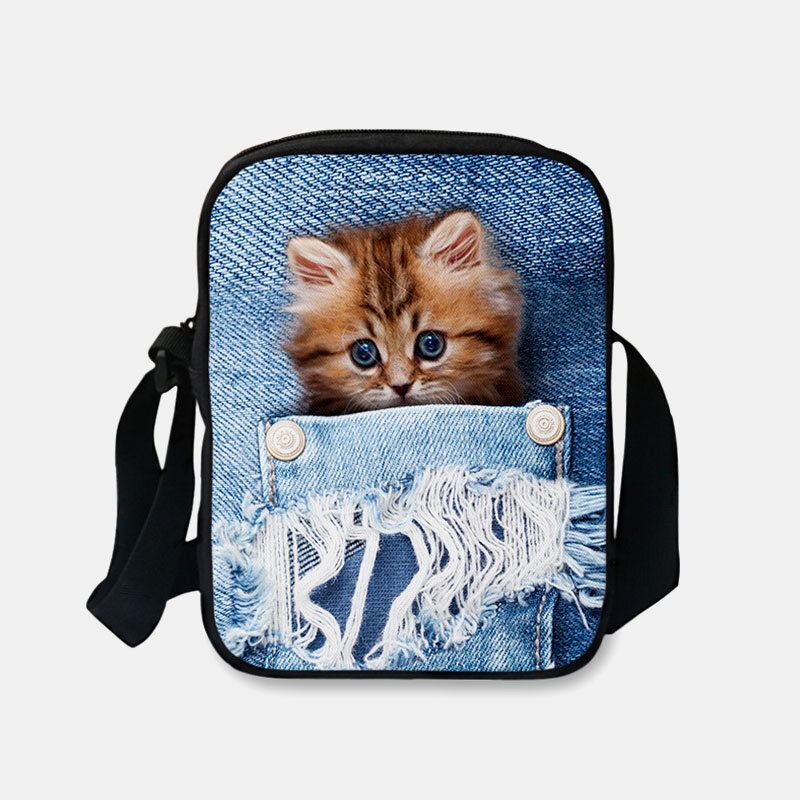 Naisten Denim 3d Kolmiulotteinen Eläin Luova Sarjakuva Söpö Print Kissa Rento Puhelinlaukku Vyötärölaukku Crossbody Laukku