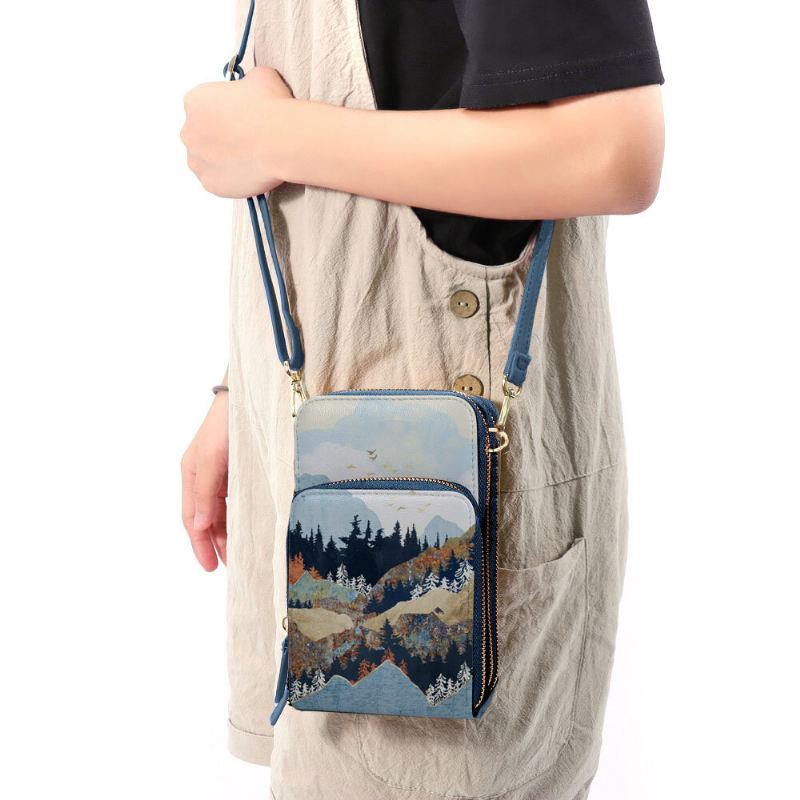 Naisten Keinonahkainen Naisten Mountain Treetop Print Bag 6.3 Tuuman Puhelinlaukku Crossbody Laukku