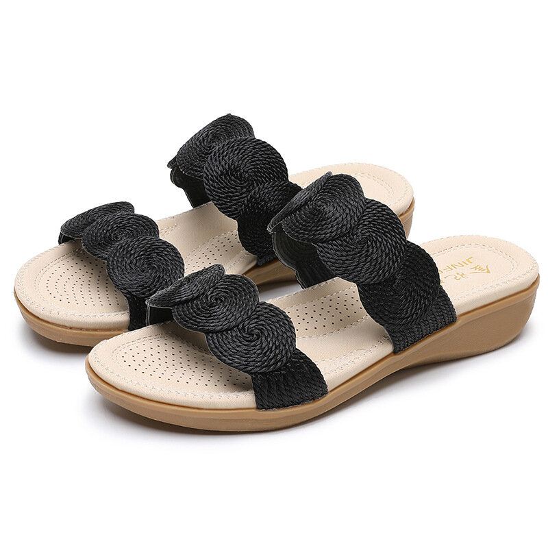 Naisten Bohemian Double Band Woven Beach Casual Wedges Sandaalit