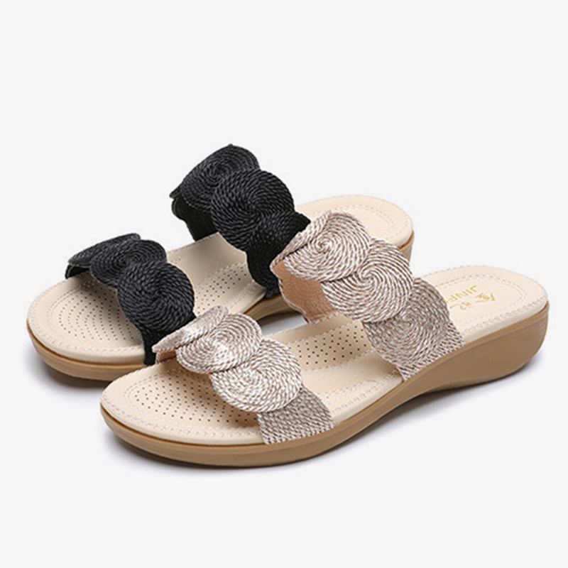 Naisten Bohemian Double Band Woven Beach Casual Wedges Sandaalit