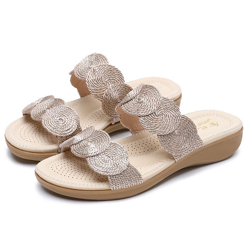 Naisten Bohemian Double Band Woven Beach Casual Wedges Sandaalit