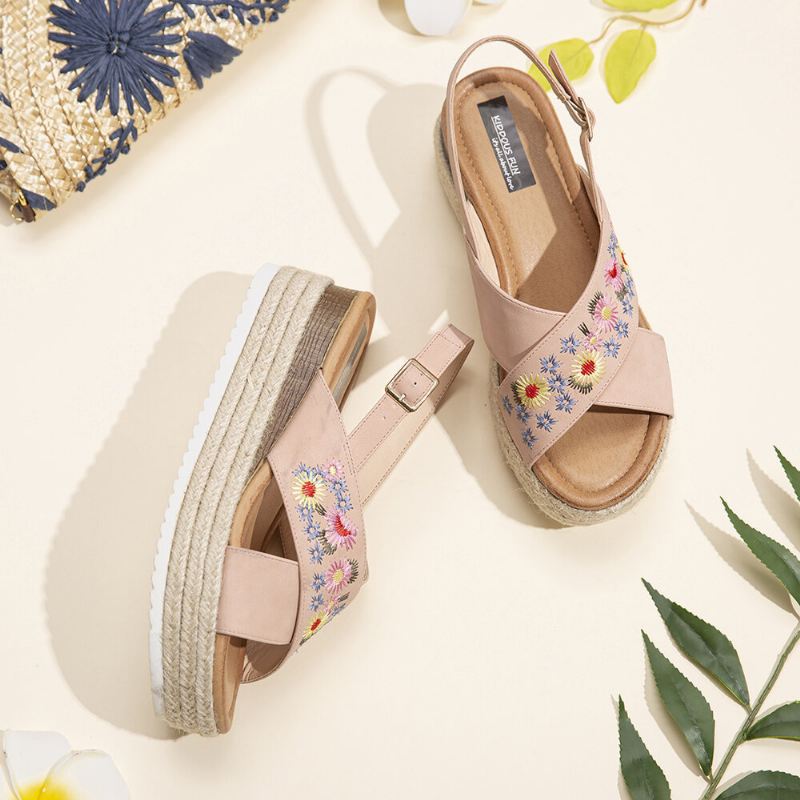 Naisten Espadrillit Brodeeraus Kukat Ristihihna Slingback Casual Platform Sandaalit