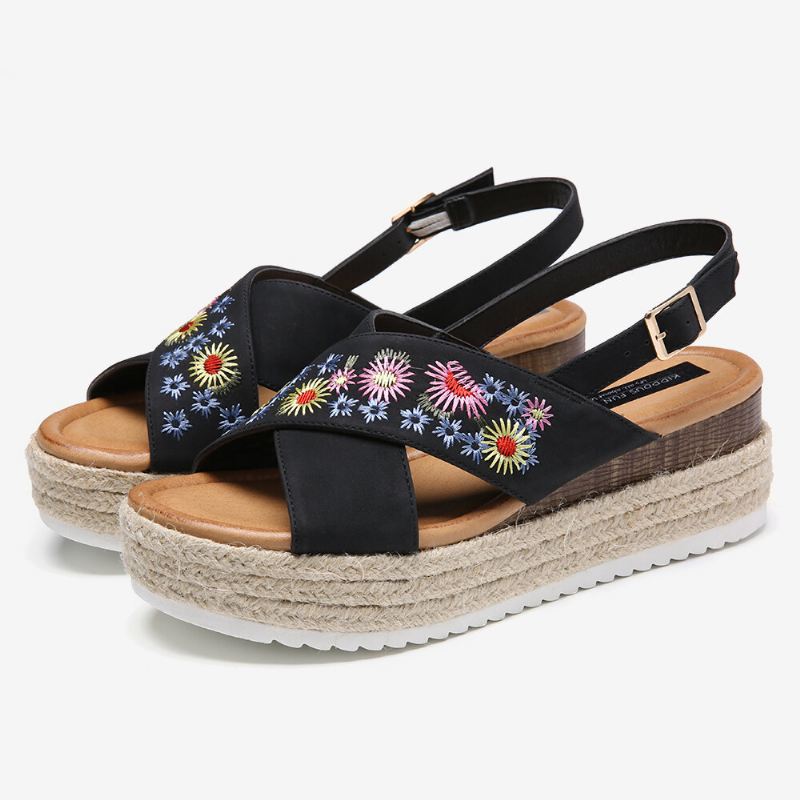 Naisten Espadrillit Brodeeraus Kukat Ristihihna Slingback Casual Platform Sandaalit