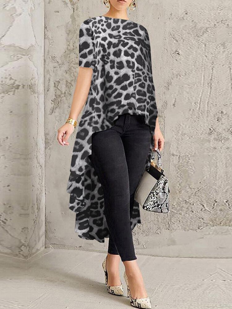 100 % Polyesteri Leopard Print High Low-pusero Naisille