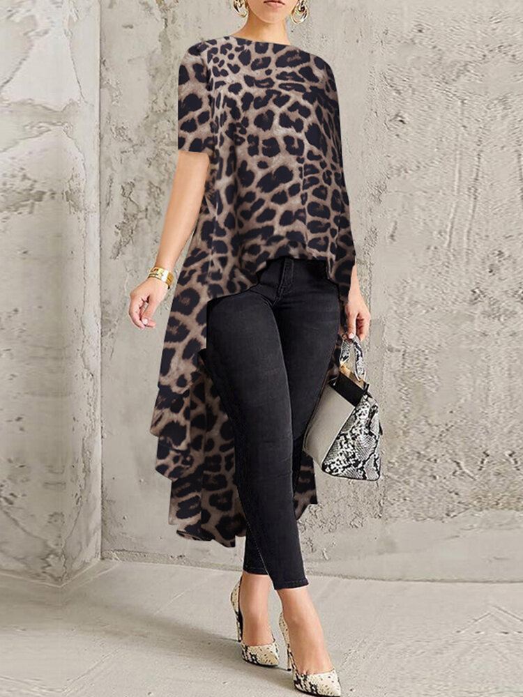 100 % Polyesteri Leopard Print High Low-pusero Naisille