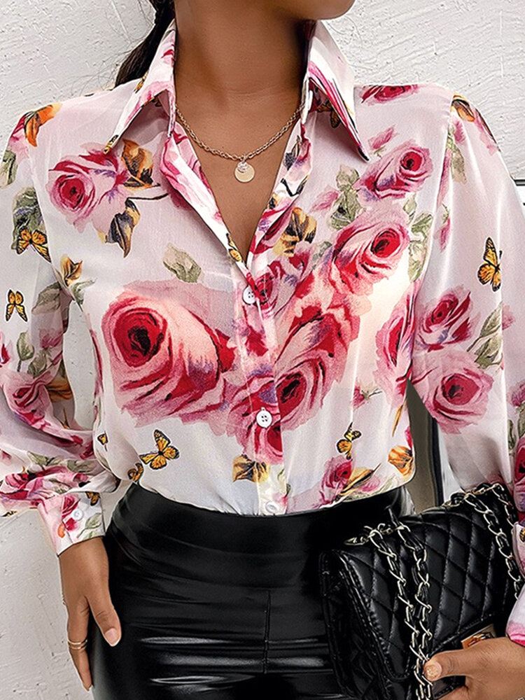 Lantern Sleeve Flower Button Lapel Rose Print Paita