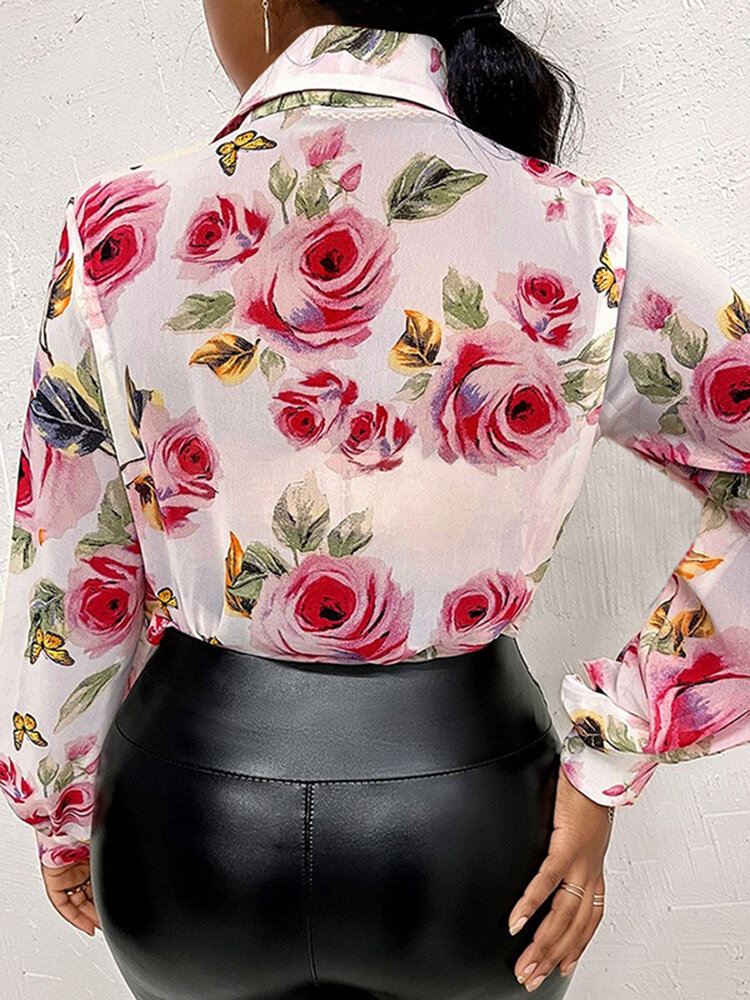 Lantern Sleeve Flower Button Lapel Rose Print Paita