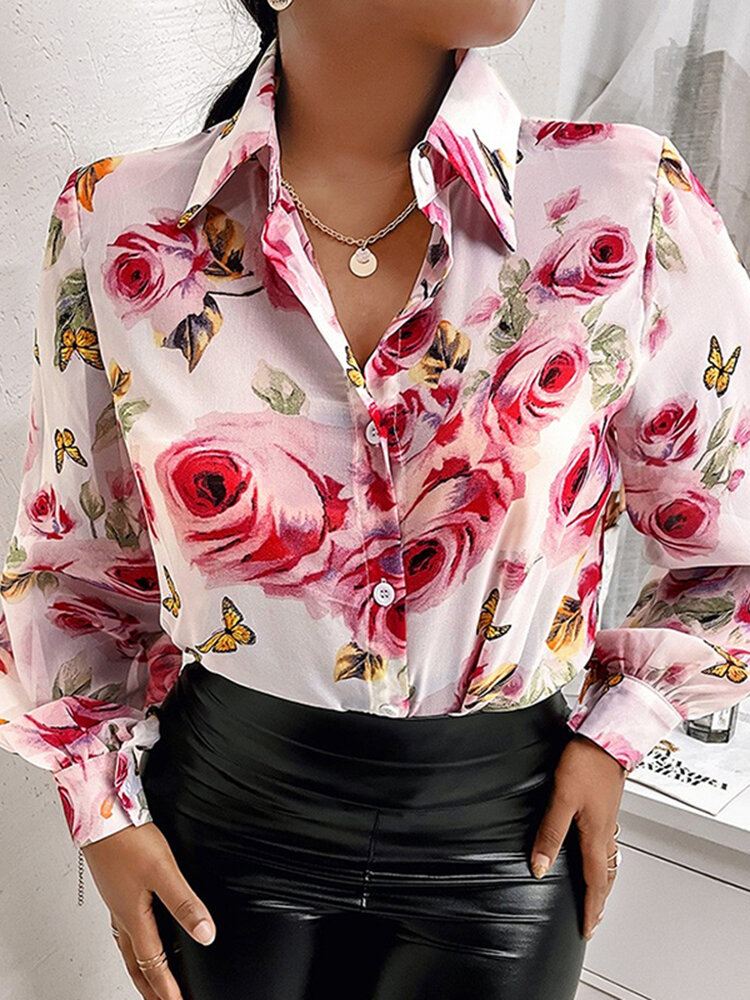 Lantern Sleeve Flower Button Lapel Rose Print Paita