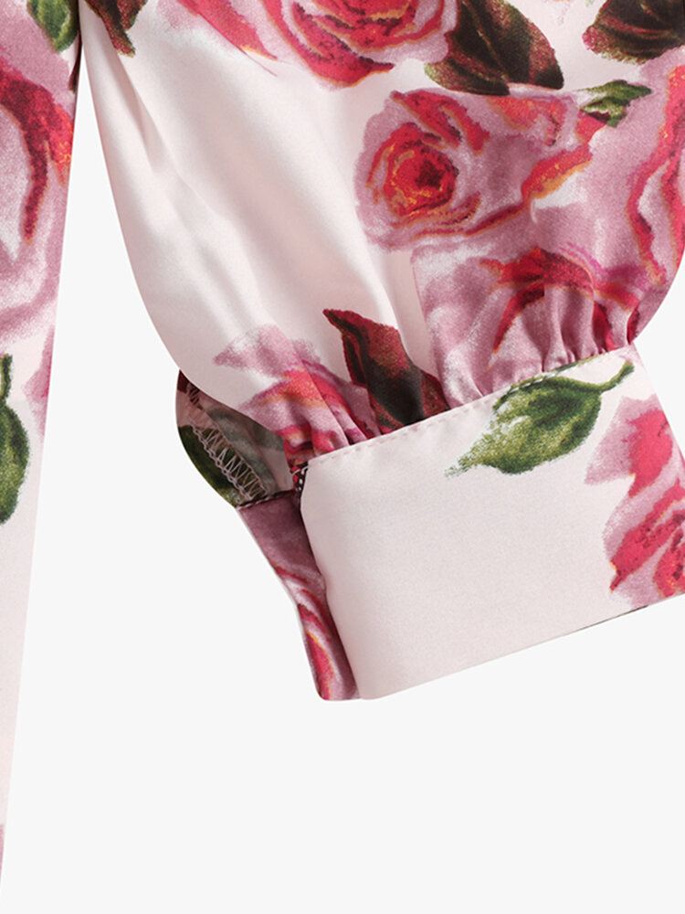 Lantern Sleeve Flower Button Lapel Rose Print Paita