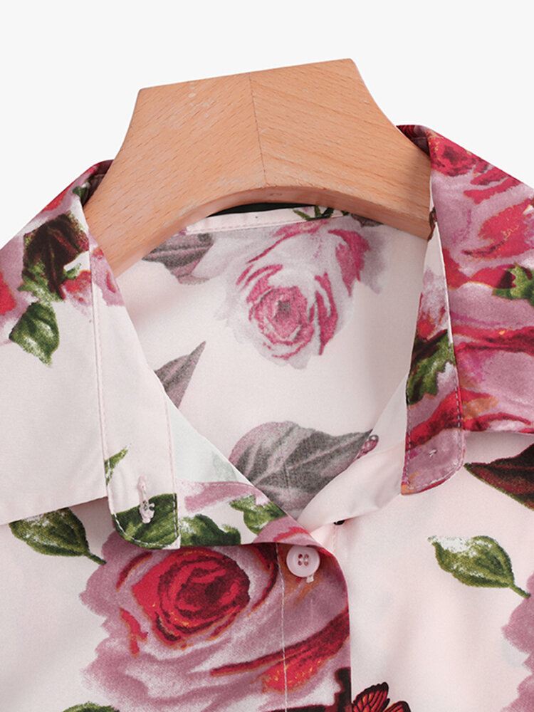 Lantern Sleeve Flower Button Lapel Rose Print Paita