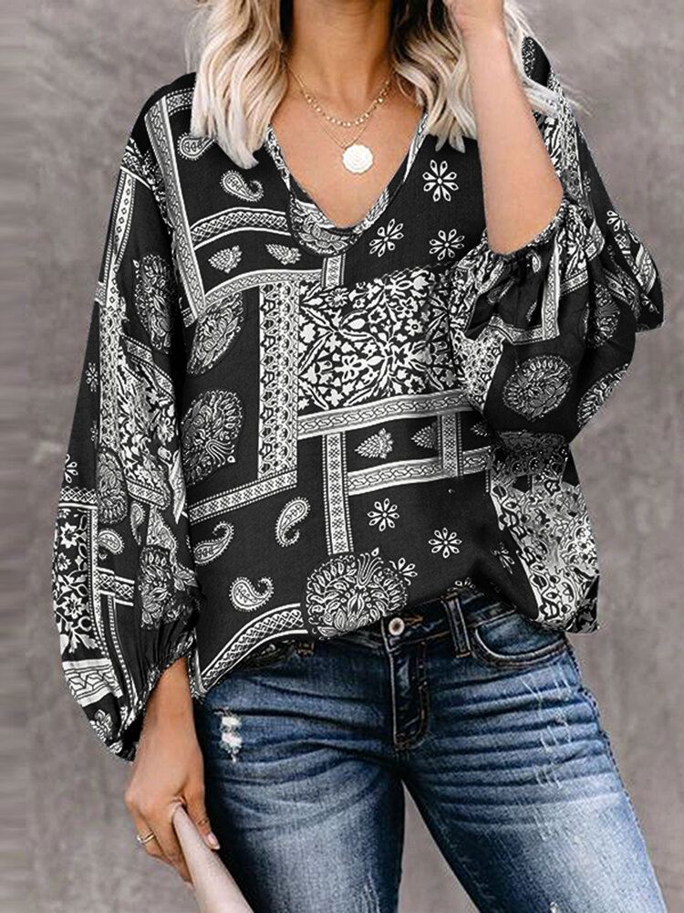 Naisten Boheemi Retro Puff Sleeve Printing Quarter Sleeve Casual Puserot