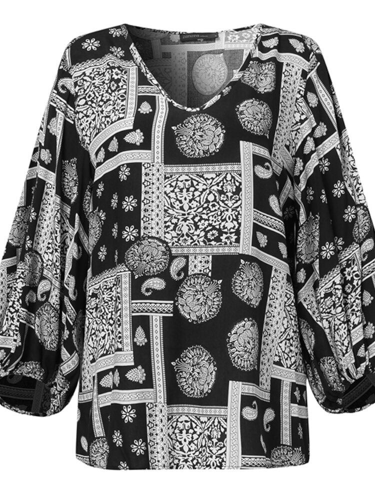 Naisten Boheemi Retro Puff Sleeve Printing Quarter Sleeve Casual Puserot