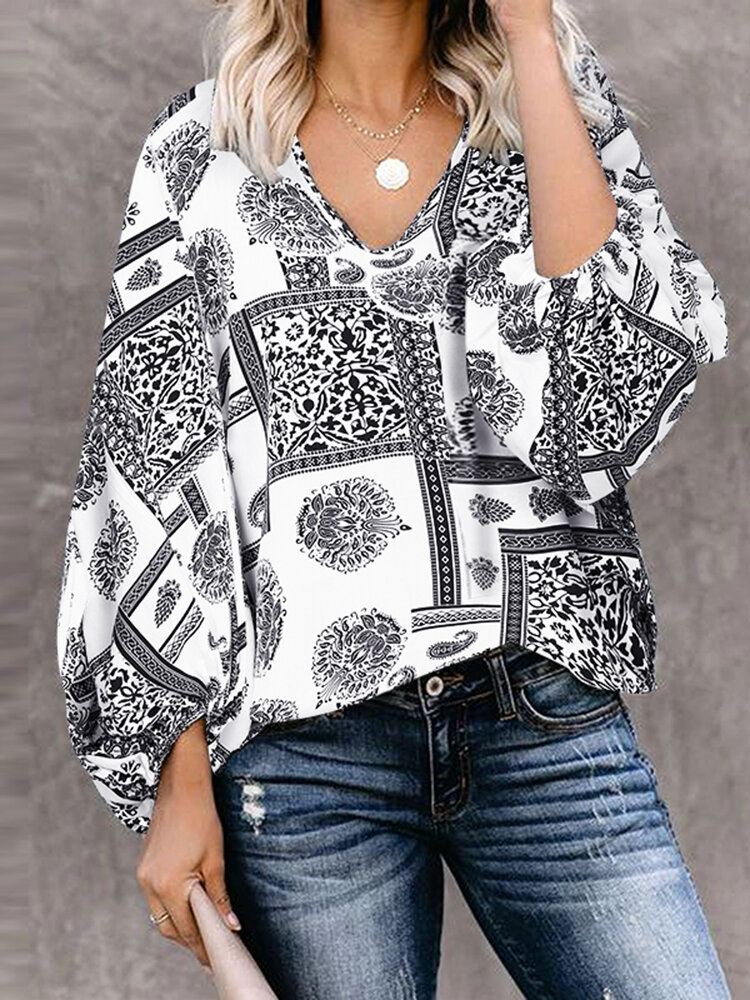 Naisten Boheemi Retro Puff Sleeve Printing Quarter Sleeve Casual Puserot