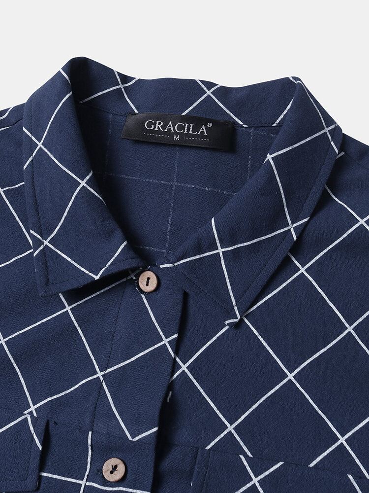 Naisten Grid Button Up Lapel Rento Pitkähihaiset Paidat