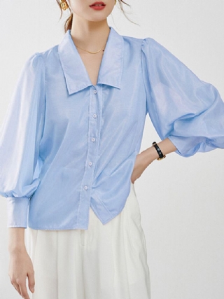 Naisten Pure Color Button Up Lapel Puff Sleeve Casual Paidat