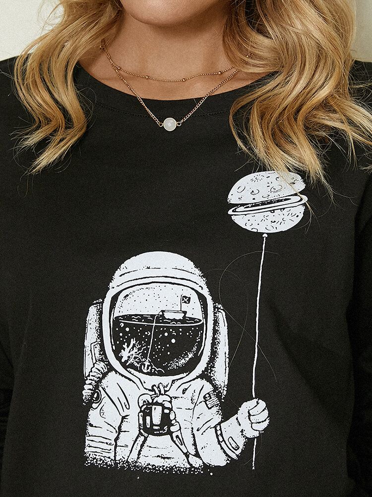 Sarjakuva Astronaut Print Pitkähihainen O-kaula Yksinkertainen Rento Pusero Naisille