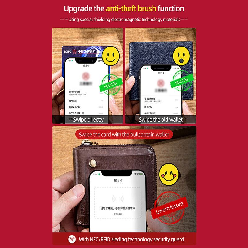 Miesten Aitoa Nahkaa Monitoiminen Bifold Vetoketjullinen Lompakot Rfid Antimagneettinen Monikorttipaikka Korttipidike Kolikkokukkaro