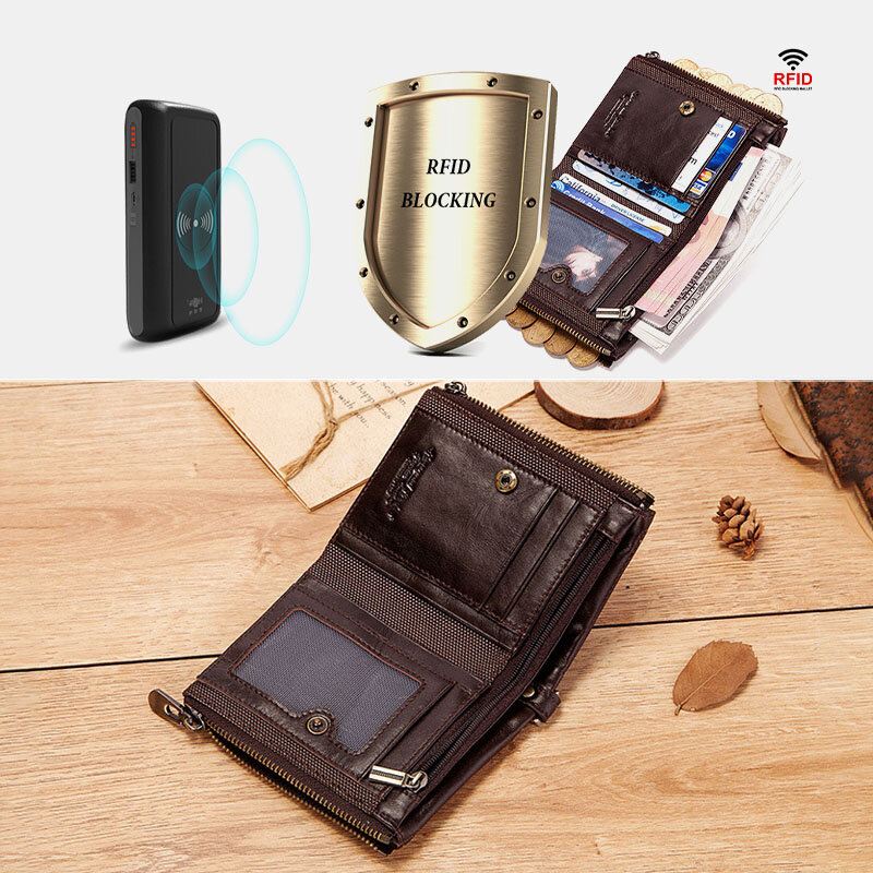 Miesten Rfid Bifold Lompakot Monitoiminen Ensimmäisen Kerroksen Lehmännahkainen Varkaudenestoharja Kaksinkertainen Vetoketjukorttipidike Money Clip Kolikkokukkaro