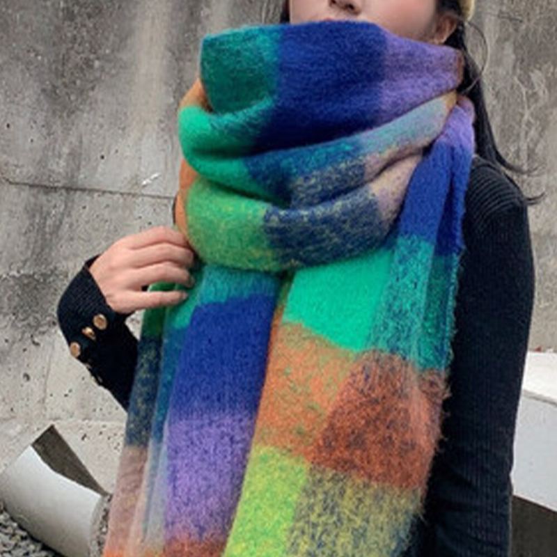 Naisten Cashmere Kaksikäyttöinen Rainbow Sekaväriset Raidat Paksu Lämmin Plus Pitkä Tupsu Huivi