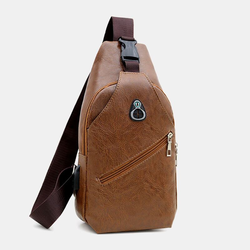 Miesten Keinonahkainen Usb-latauskuulokematkailu Retro Business Rintalaukku Crossbody Bag