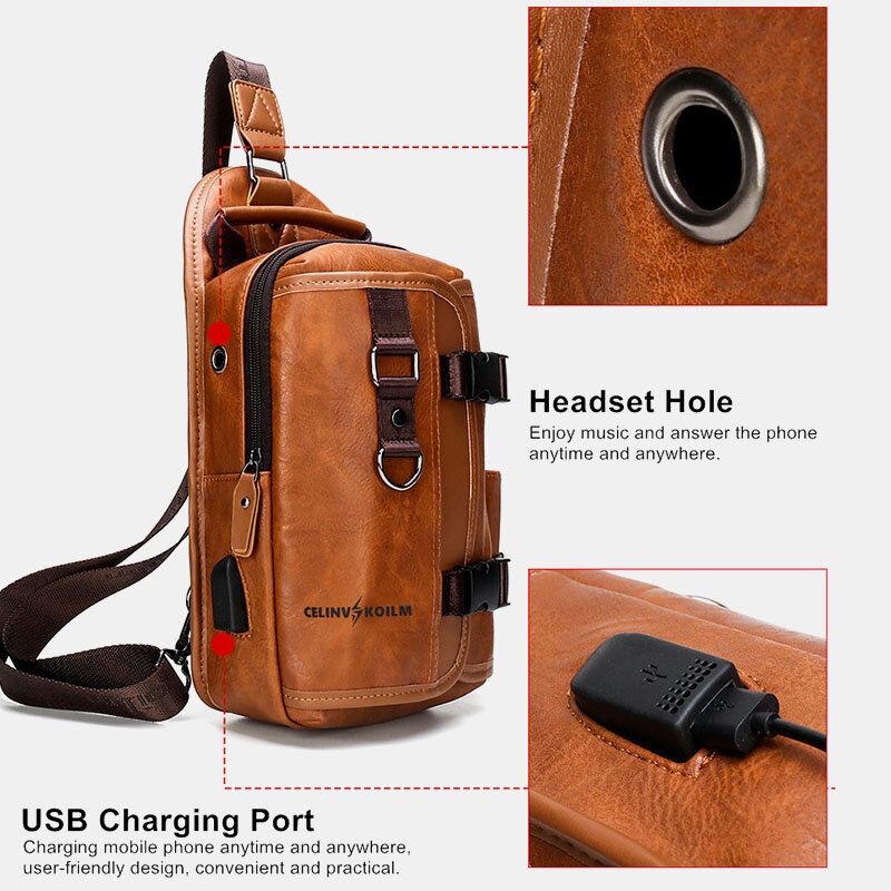 Miesten Pu Nahka Suuri Kapasiteetti Monitoimikuulokkeiden Reikä Usb-lataus Lyhyen Matkan Kantolaukut Crossbody Bag Rintalaukku