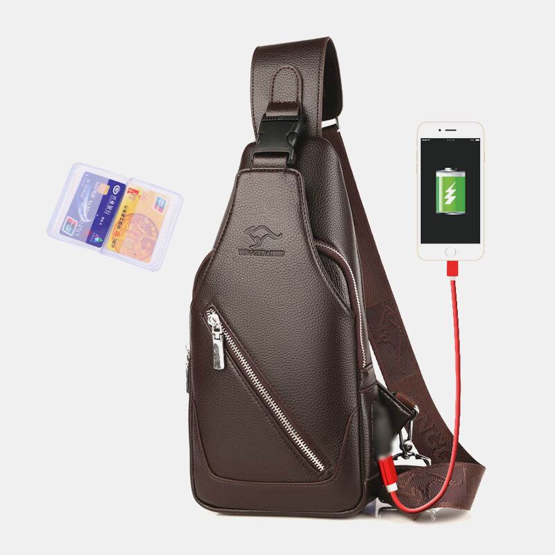 Miesten Pu Nahka Usb-lataus Vedenpitävä Kuulokeaukko Business Crossbody Bag Rintalaukku Sling Bag